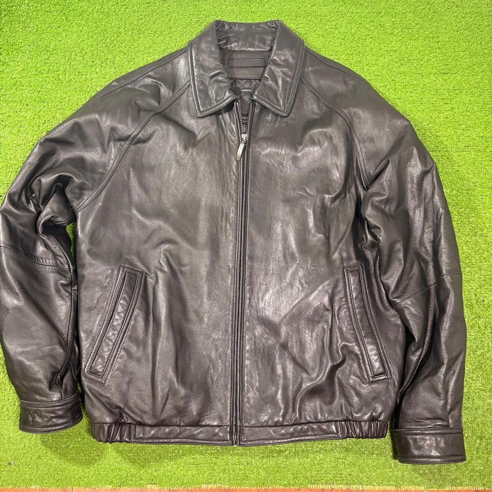 Vintage 90s Claiborne Lambskin Black Genuine Leather Jacket Mens Bomber Coat LG